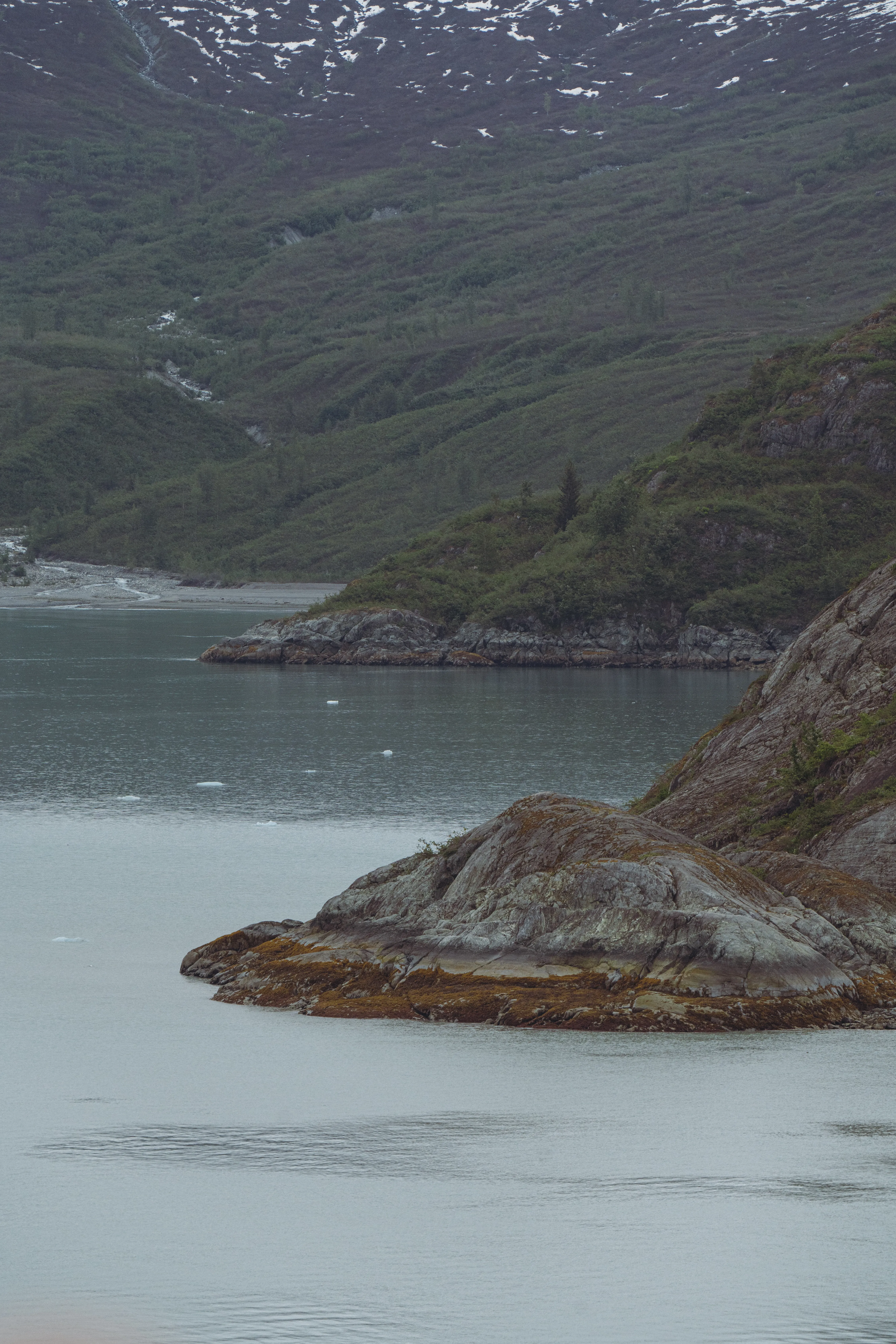 A rocky point jutting into a calm fjord below green, snow-flecked slopes
