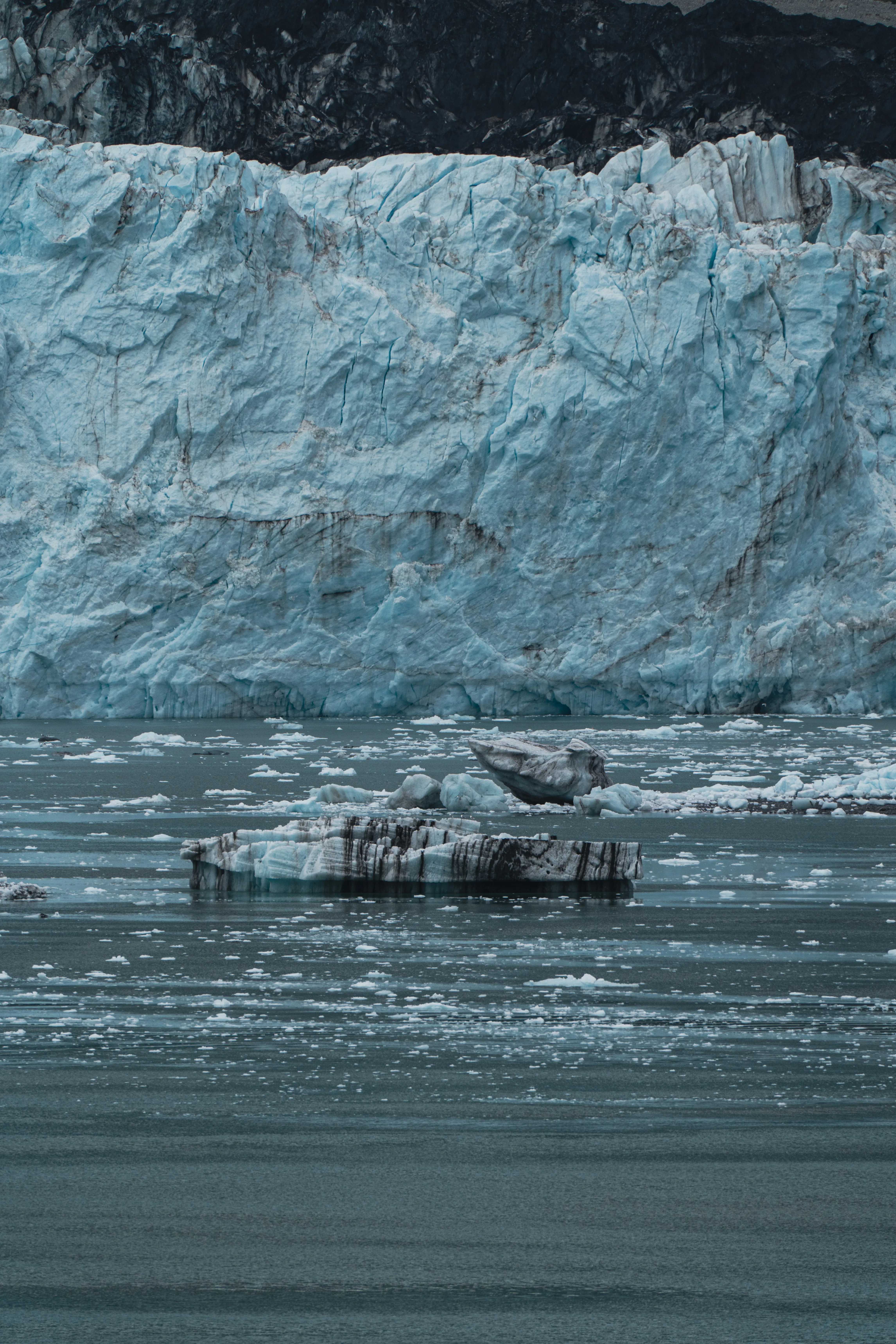 The blue-white face of a tidewater glacier with broken ice drifting in the water below